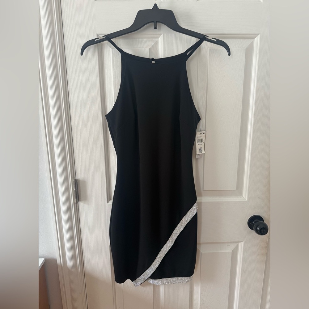 NWT BCX Elegant Black Asymmetrical Dress with Silver Rhinestone Trim Size Medium